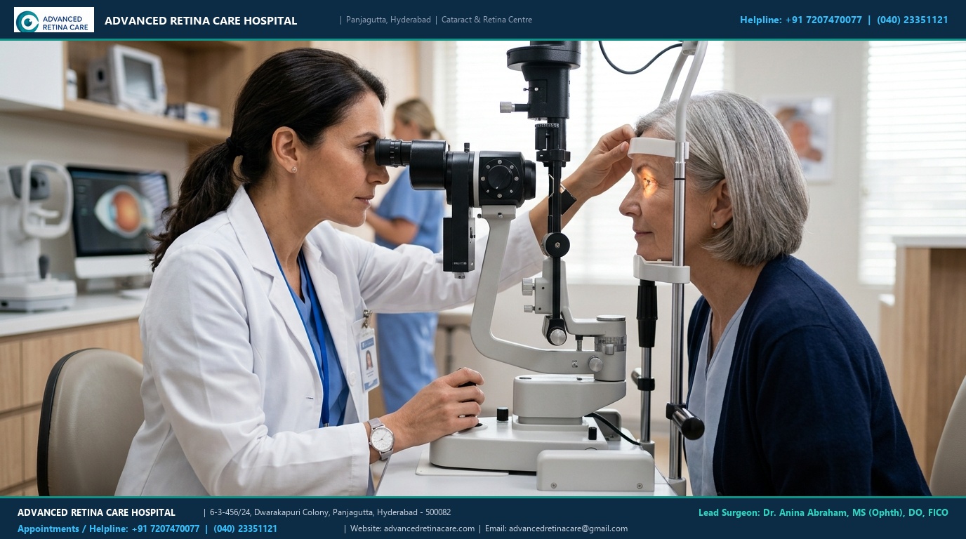 Dr. Anina Abraham examining a patient with slit lamp in clinic